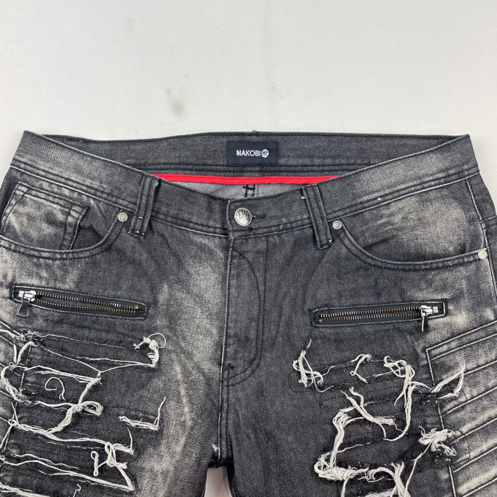Makobi Denim Co Distressed Moto Jeans Mens 36x32 Faded Black Biker Distressed - Picture 5 of 7